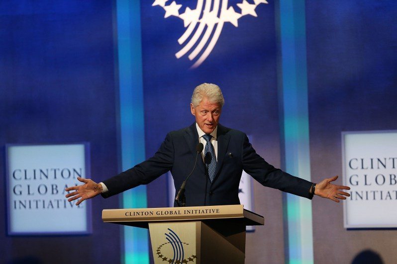 NEW YORK, NY - SEPTEMBER 27: Former U.S. President Bill Clinton opens the annual Clinton Global Initiative (CGI) meeting on September 27, 2015 in New York City. The event, which coincides with the General Assembly at the United Nations, gathers global leaders, activists and business people to try and to bring solutions to the world's most pressing challenges. CGI Annual Meetings have brought together 190 sitting and former heads of state, more than 20 Nobel Prize laureates, and hundreds of leading CEOs, heads of foundations and NGOs, major philanthropists, and members of the media. (Photo by Spencer Platt/Getty Images)