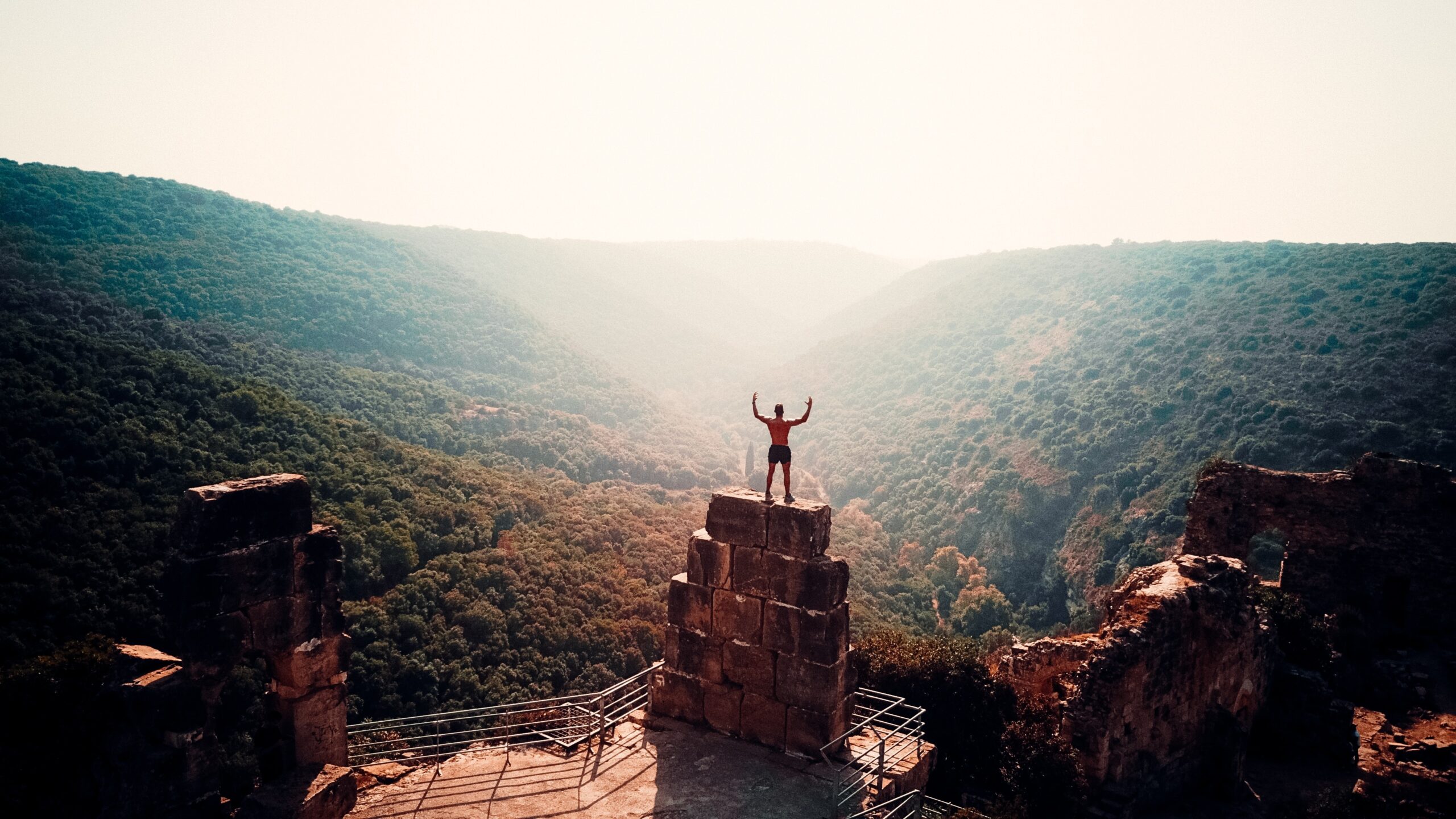 Person standing on mountaintop flexing muscles.