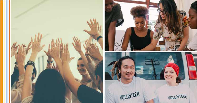 Collage of images of people volunteering and working together