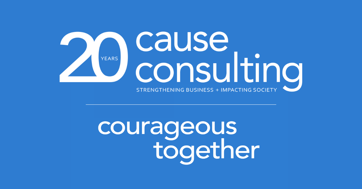 20th anniversary logo and courageous together text on blue background