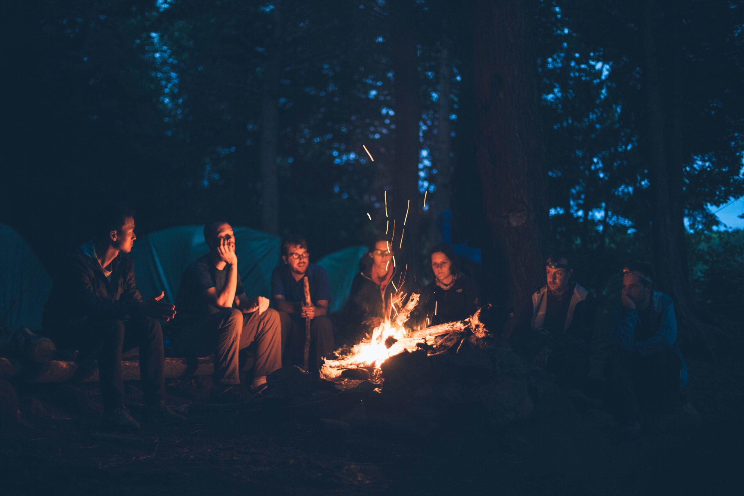 A group of people sit around a campfire in a wooded area, engaged in conversation and enjoying the warmth of the fire under the evening sky.